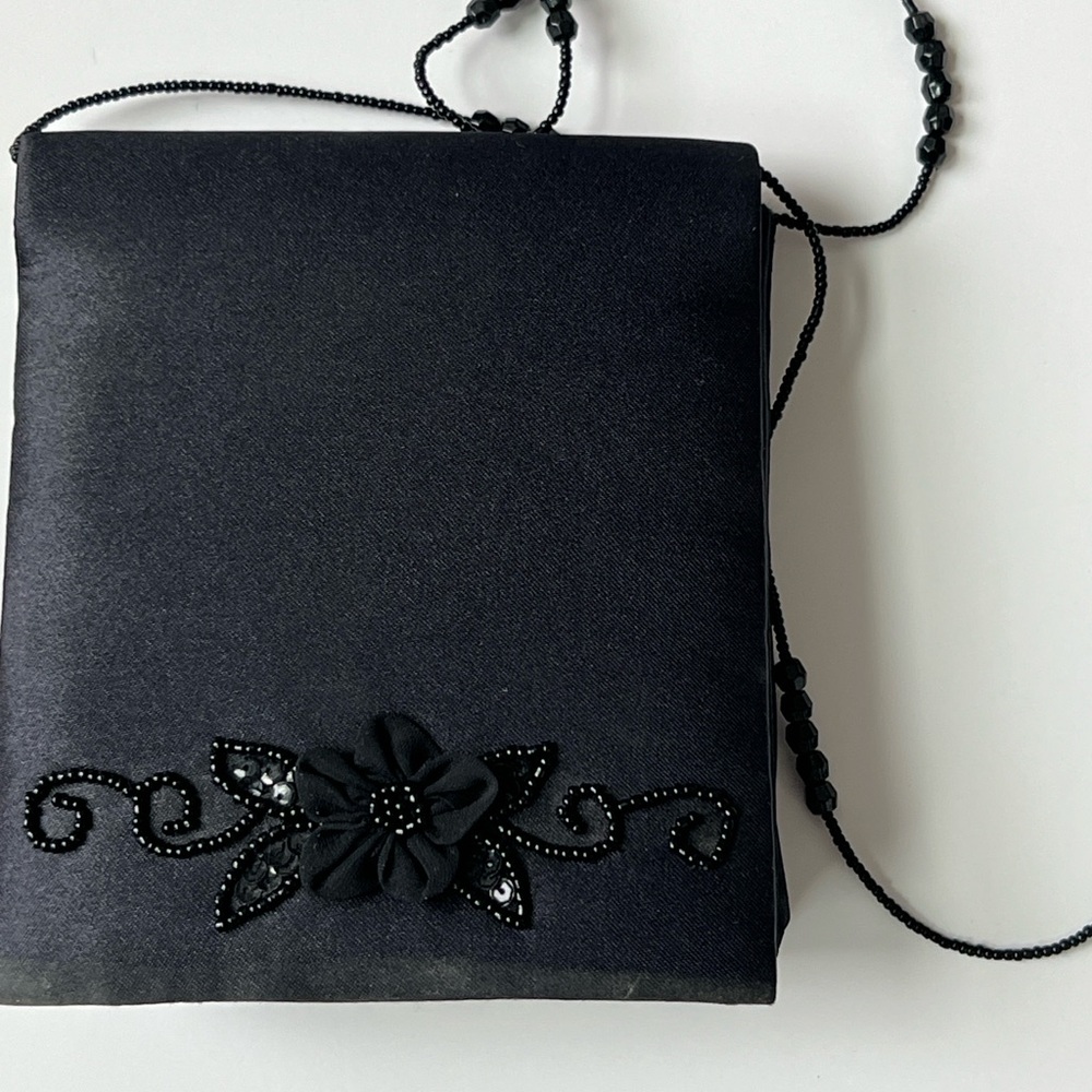 Jessica McClintock Black Beaded Crossbody Bag with Floral Accent